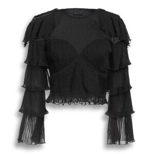 Marc Ellis Black Ruffled Long Sleeve Blouse Bell sleeves w Embroidered shoulders